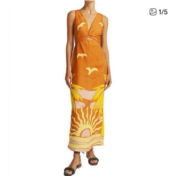 New Anthropologie Cala De La Cruz 100%Linen Orange Simone Maxi Dress Size Medium - Picture 1 of 8